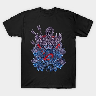 The blue snake coiled around the Hannya Mask T-Shirt